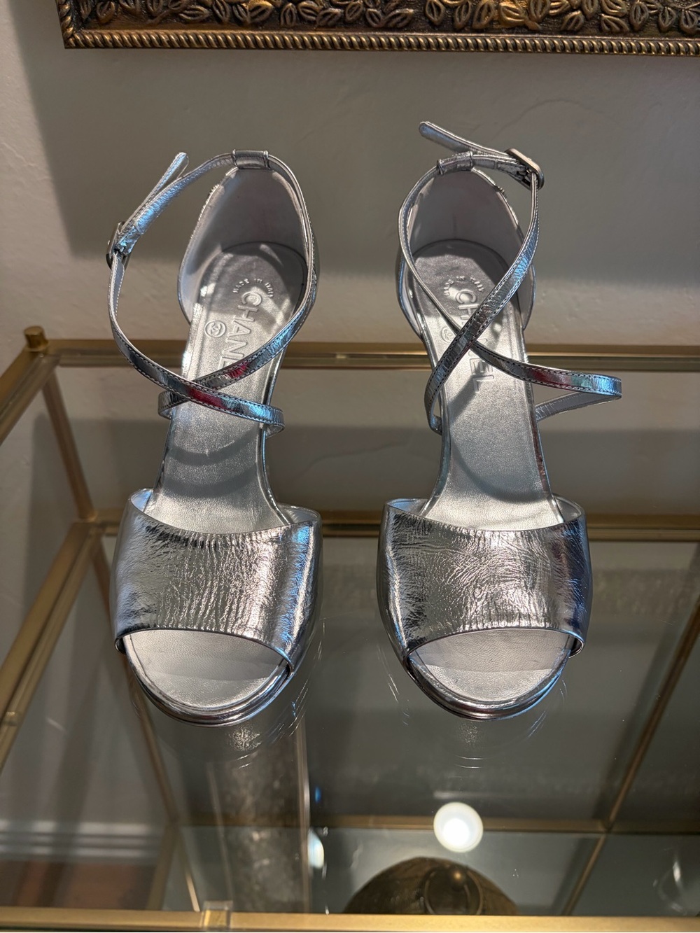 CHANEL Silver Metallic Crisscross Ankle Strap Heels